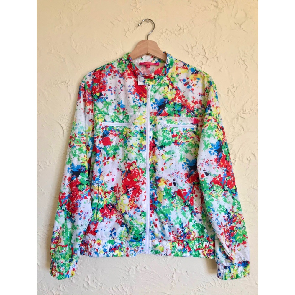 S colorful vintage jacket — artsy paint rainbow